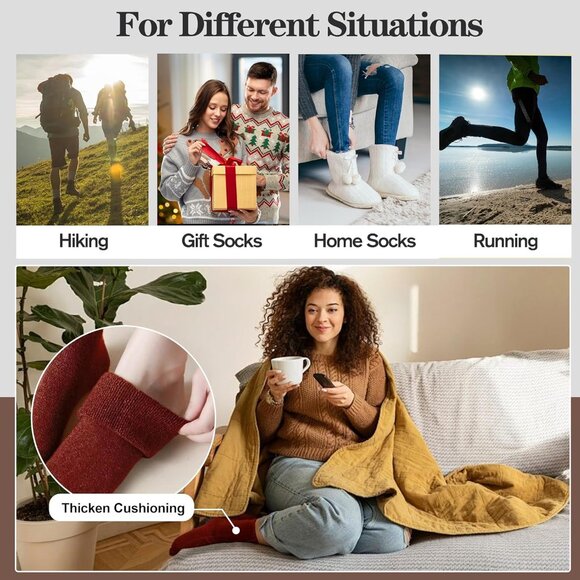 5 Pairs Women's Merino Wool Socks Multicolor Hiking Winter Thick Thermal Crew - Picture 6 of 6